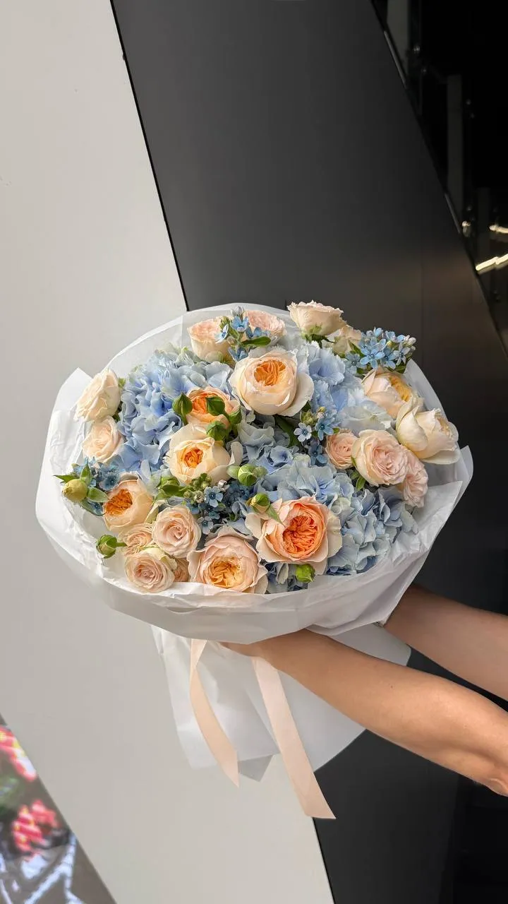 Peach & Blue Drift — designer bouquet by WTF! Dnipro